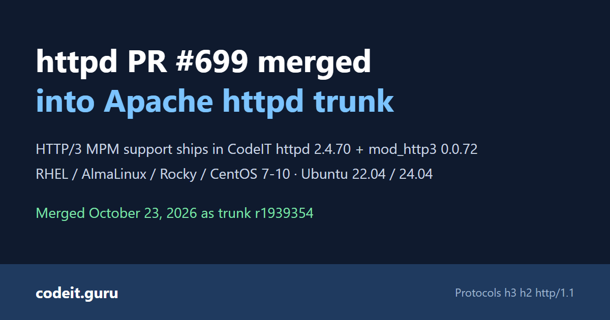httpd PR #699 merged into Apache trunk: HTTP/3 MPM support ships in CodeIT httpd 2.4.70