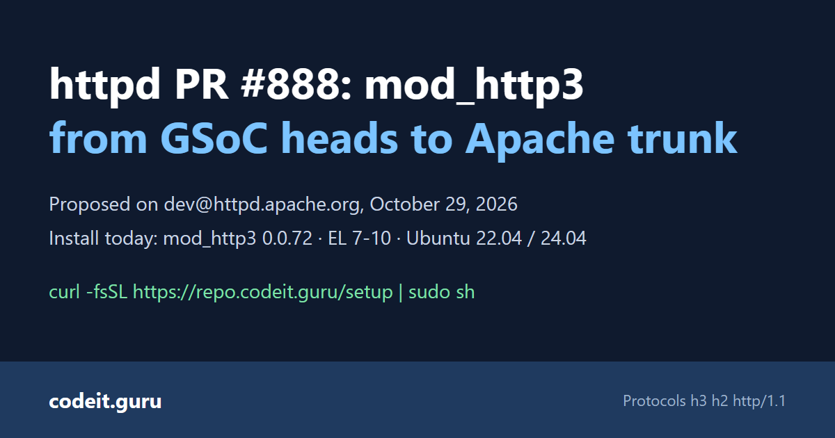 Apache httpd PR #888: mod_http3 from Google Summer of Code proposed for httpd trunk; install mod_http3 0.0.72 from the CodeIT repository