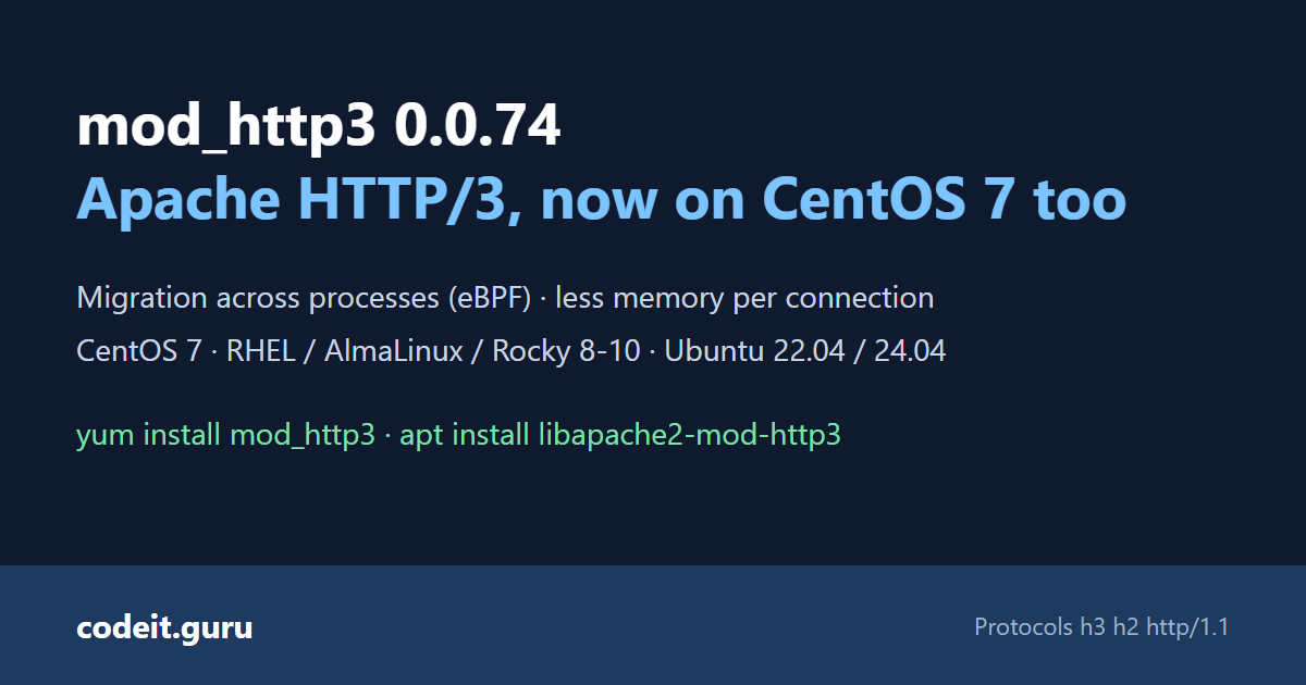 mod_http3 0.0.74 for Apache httpd: QUIC migration with several processes via eBPF, less memory per connection, HTTP/3 on CentOS 7